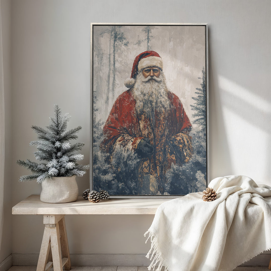 Framed Wall Art: Vintage Santa Claus painting in red and blue tones. Perfect Christmas decor for a cozy, rustic interior. Shop now!