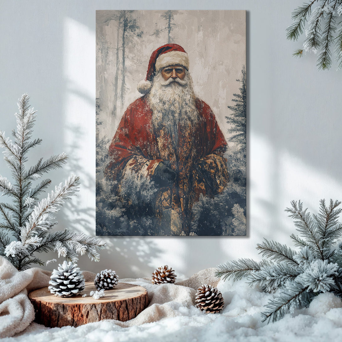 Framed Wall Art: Vintage Santa Claus portrait in red and white. Rustic, painterly style. Perfect Christmas decor with a warm, inviting color palette.