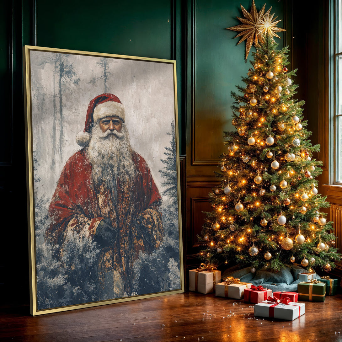 Canvas Print of Santa Claus in a winter forest scene. Rustic style with red, white, and blue color palette. Perfect Christmas wall art.