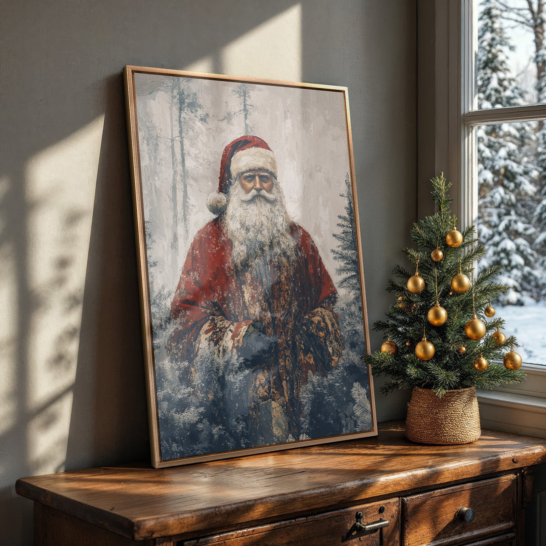 Framed Wall Art featuring Santa Claus in a vintage style with a red and blue color palette. Perfect Christmas decor for your home!
