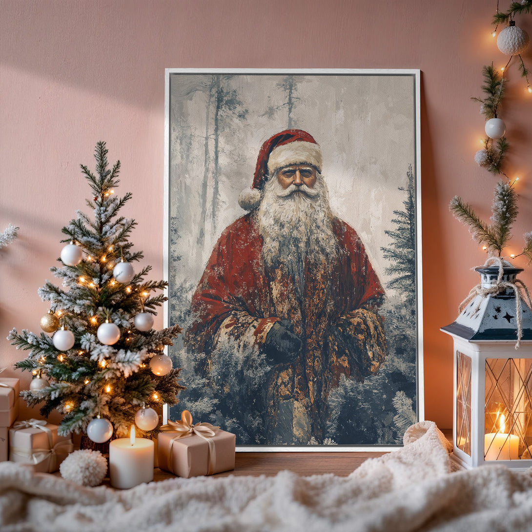 Framed Wall Art featuring Santa Claus in a painterly style with red, white, and grey tones. Perfect Christmas decor for a cozy, festive home.