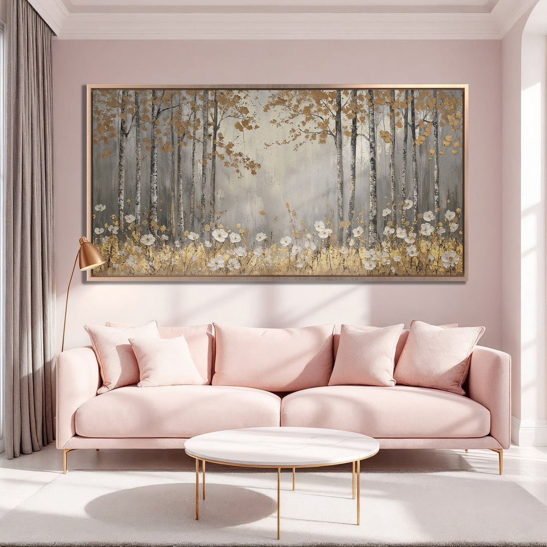 Framed Wall Art: Elegant forest scene in gold, gray, and white. Adds a touch of nature and sophistication to any space. Perfect for living rooms!