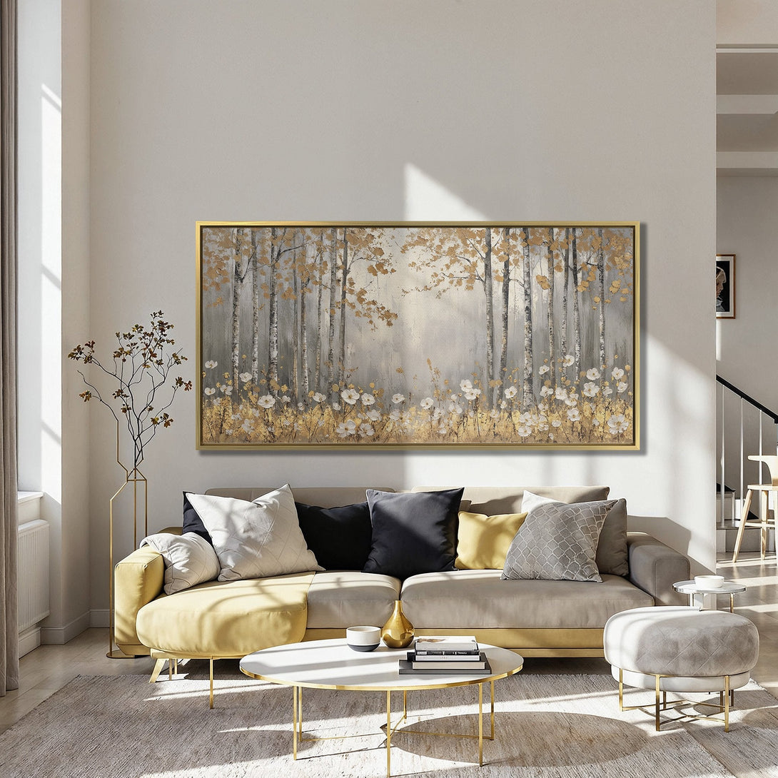 Canvas Print: Elegant forest art with gold and white accents. Perfect for adding a touch of nature and sophistication to your home decor.