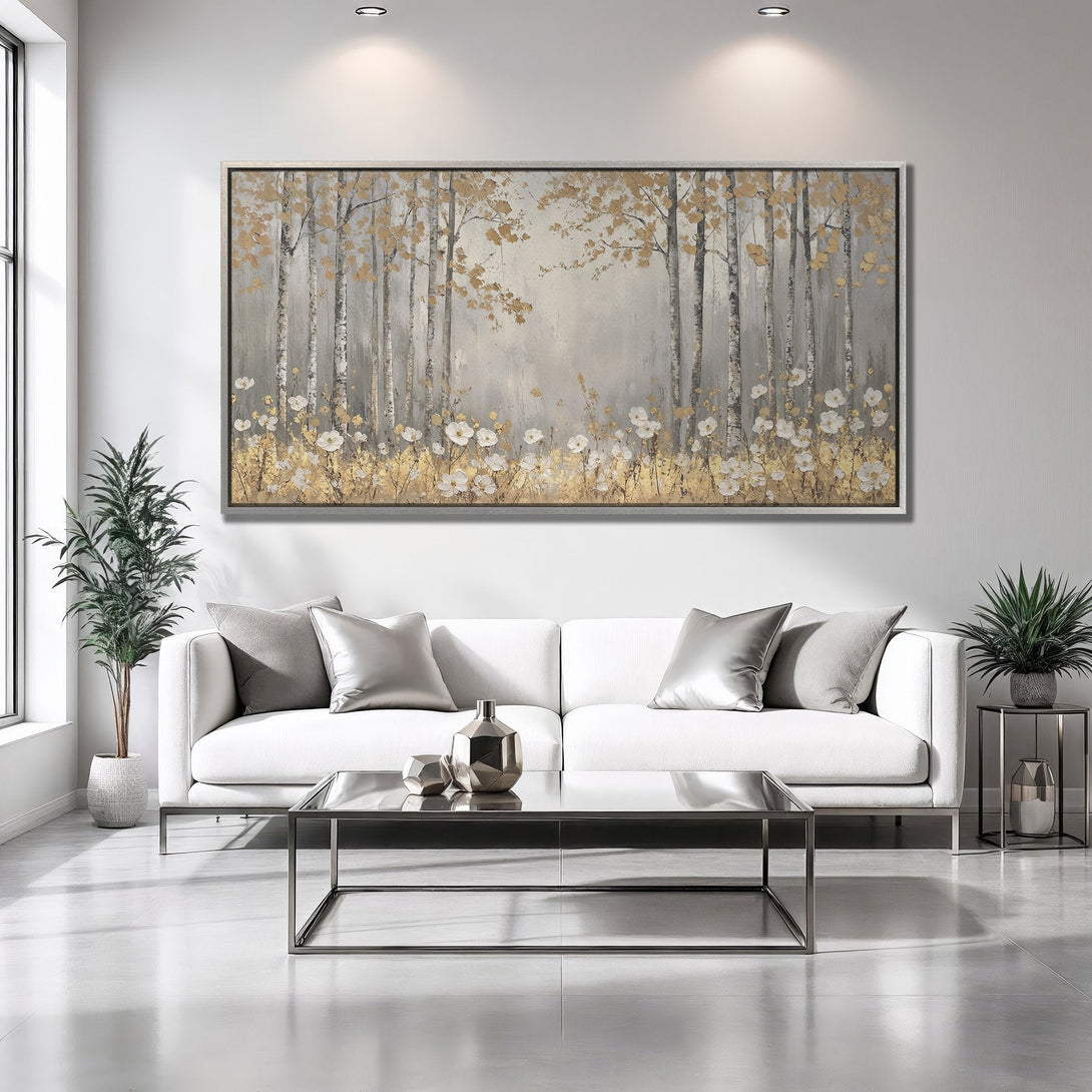 Framed Wall Art: Birch tree forest scene with gold accents. Neutral gray, white, and gold color palette. Modern art for living room decor.