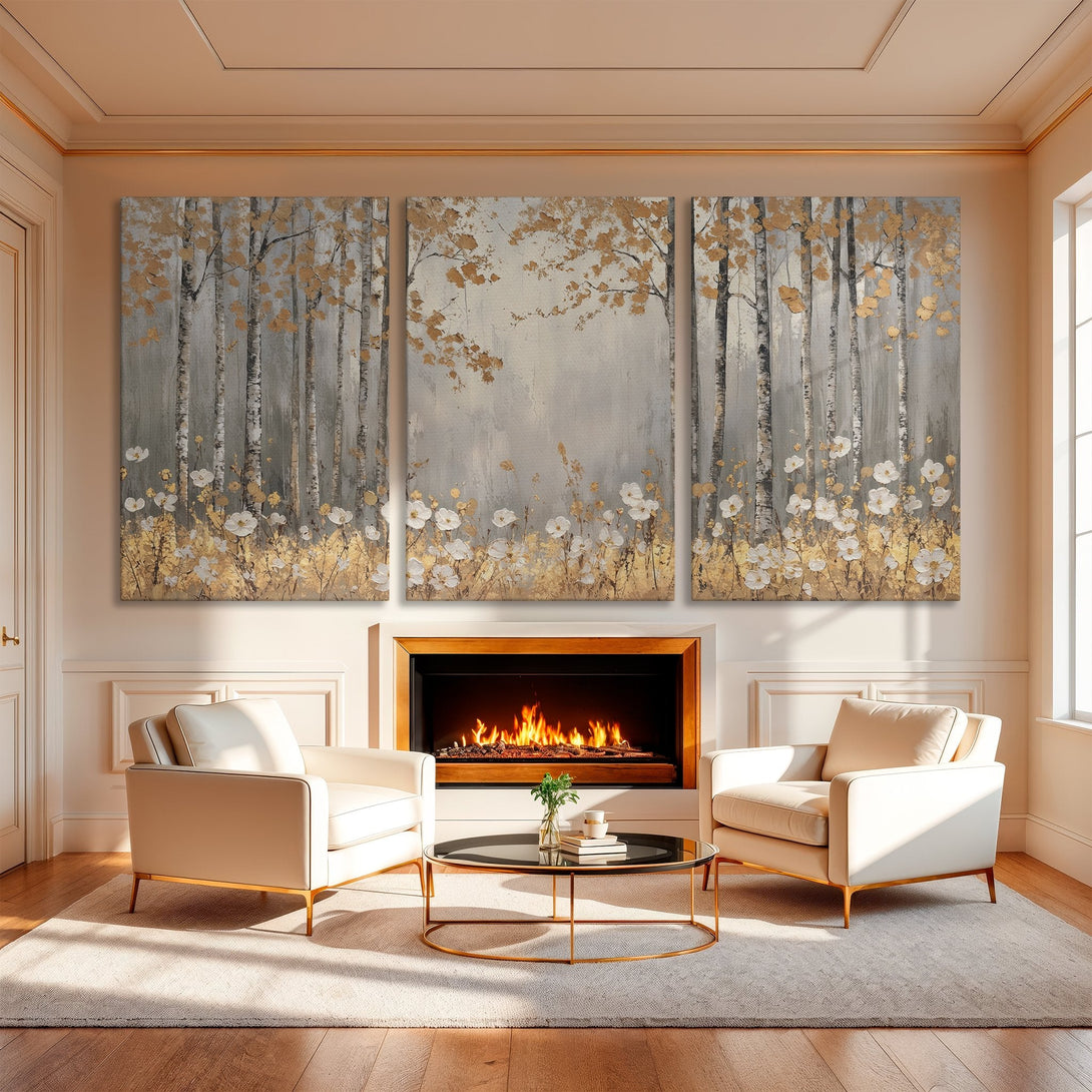 Canvas Print triptych featuring a serene forest scene with gold accents. Neutral color palette of gray, white, and gold. Perfect for adding elegance to any space.