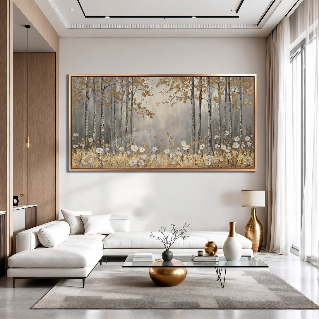 Framed Wall Art featuring a serene forest scene in gray, gold, and white. Modern abstract style, perfect for elegant home decor.