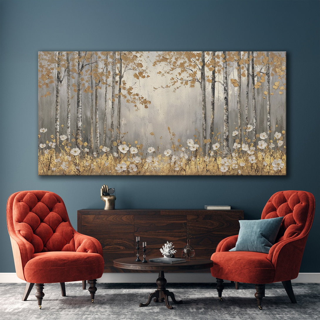 Framed Wall Art featuring a serene forest scene in gold, gray, and white. Elevate your space with this elegant and calming canvas print.