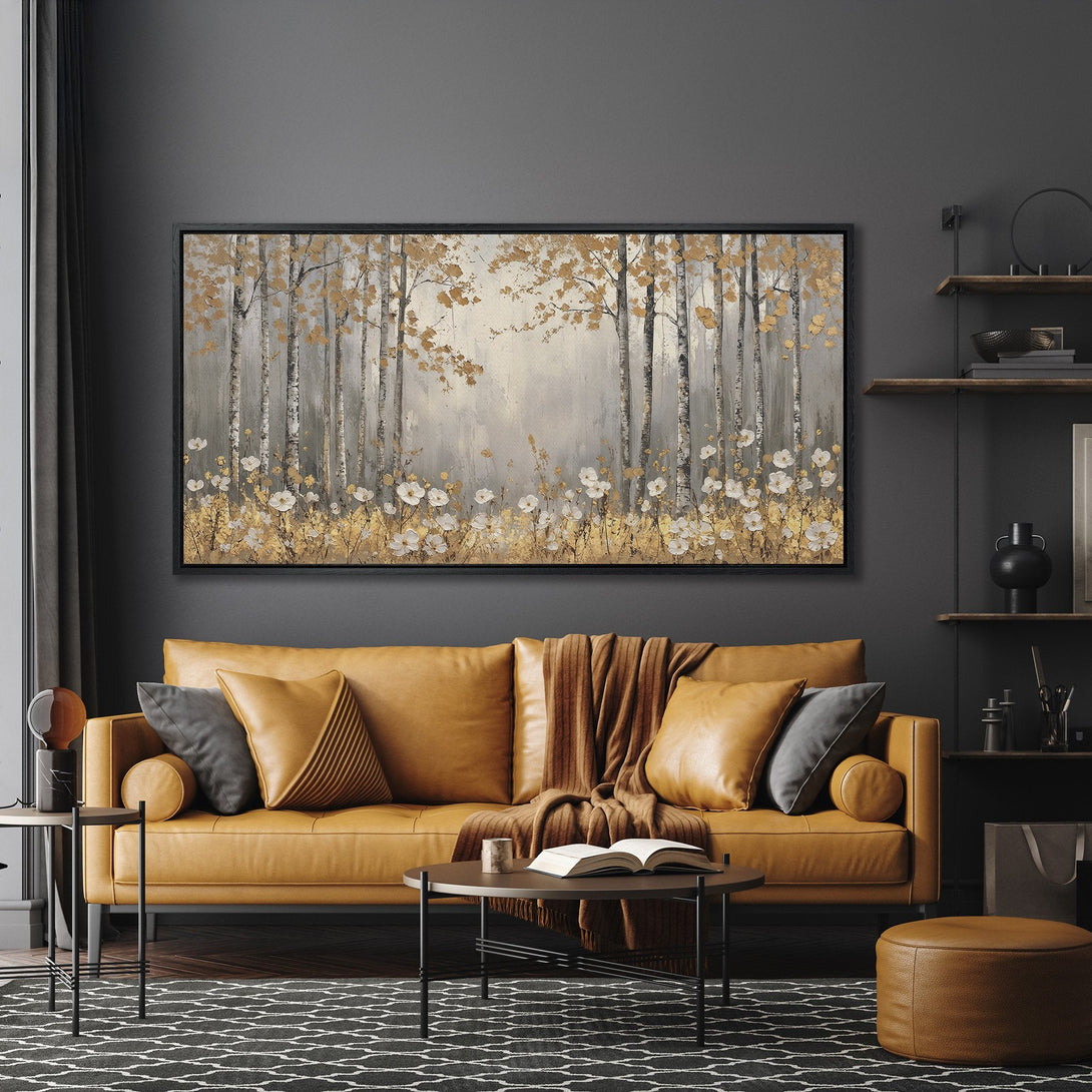 Framed Wall Art: Abstract forest scene in gold, white, and gray tones. Modern canvas print adds elegance to any living room. Shop now for stylish home decor!