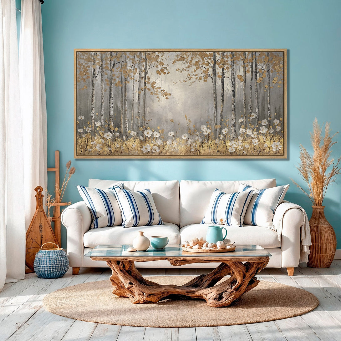Framed Wall Art: Birch tree painting with gold accents. Neutral color palette with pops of gold, gray, and white. Modern, elegant decor for any room.