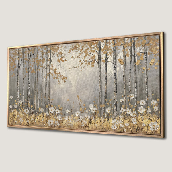 Framed Wall Art: Abstract forest scene with birch trees, gold leaves, and white flowers. Neutral gray and gold color palette. Perfect for any room!