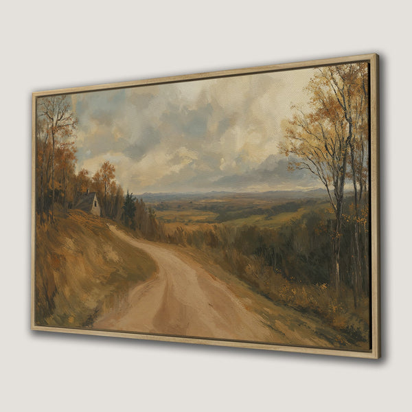 Framed Wall Art: Rustic landscape Canvas Print featuring a winding road, warm earth tones, and a serene, vintage style. Perfect for home decor.