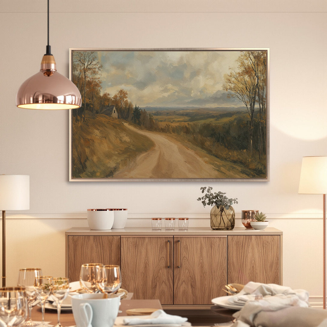 Framed Wall Art: Landscape painting in warm earth tones. Rustic style canvas print adds cozy charm to any dining room. Shop now!