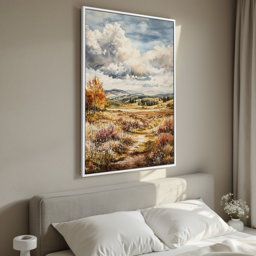 Framed Wall Art: Landscape painting with a vibrant, watercolor style. Features a meadow scene with warm earth tones and a dramatic cloudy sky. Perfect bedroom decor!