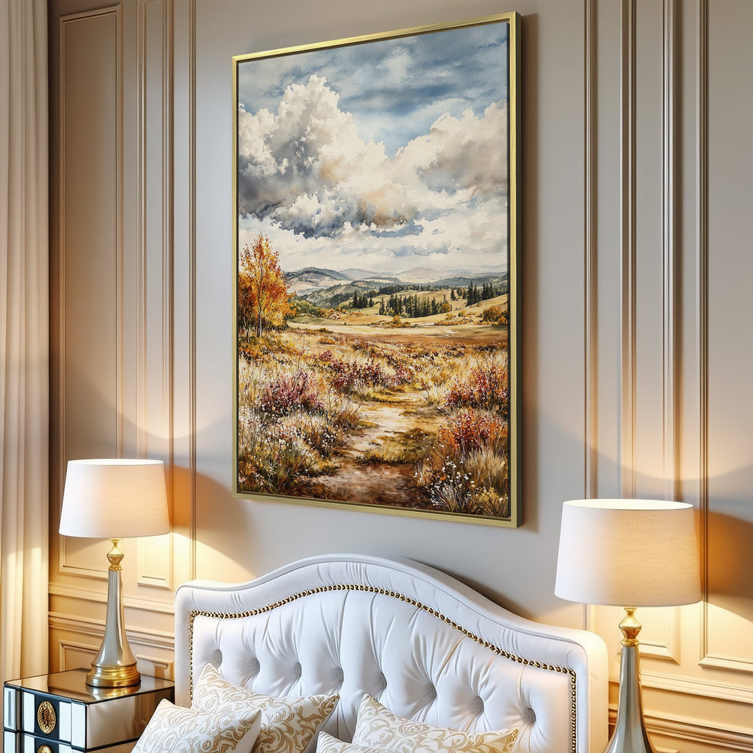 Canvas Print of a serene landscape painting with warm, earthy tones and a watercolor style. Perfect wall art for a cozy interior.