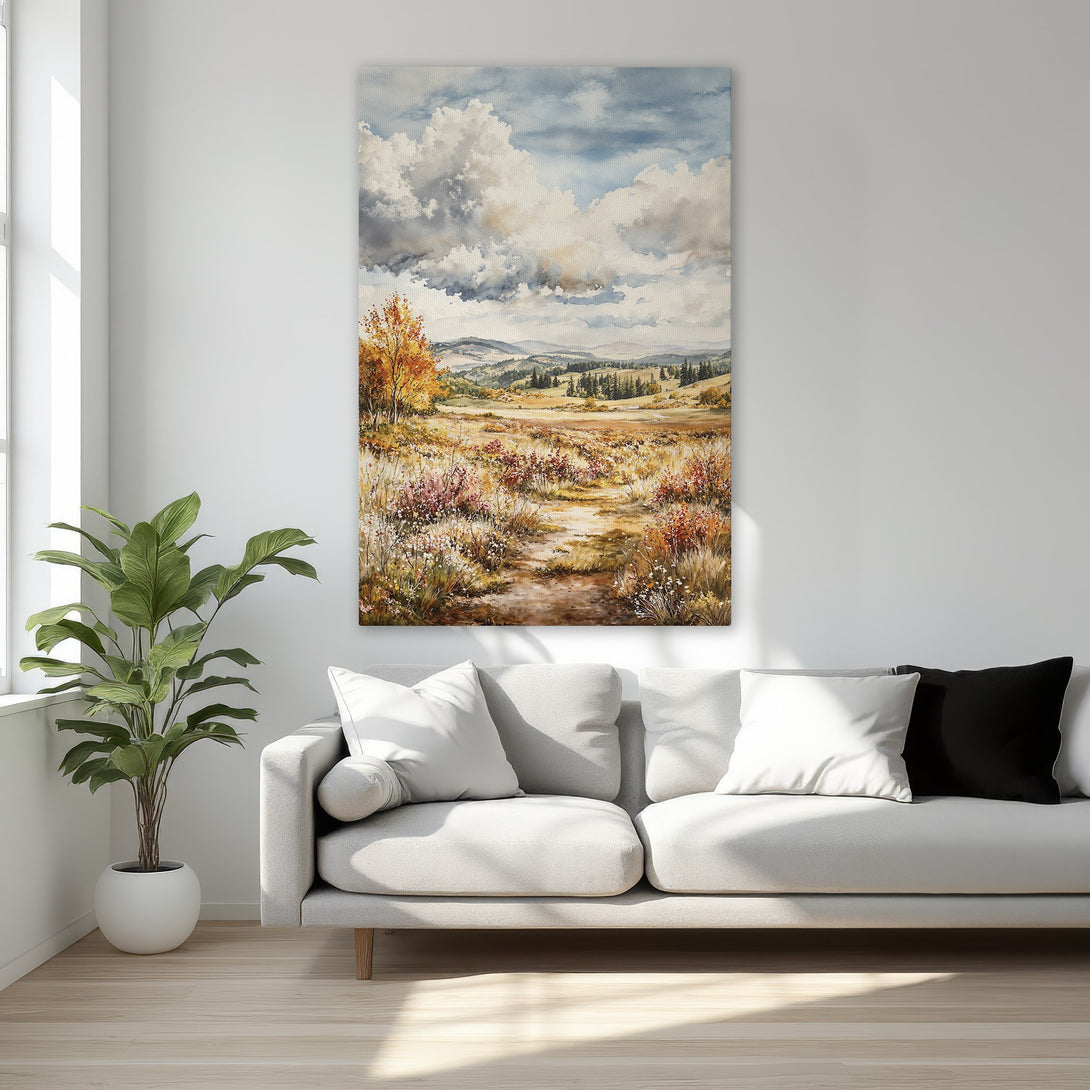 Framed Wall Art: Landscape Canvas Print with a warm, earthy color palette. Features a serene meadow scene with a golden frame, perfect for home decor.