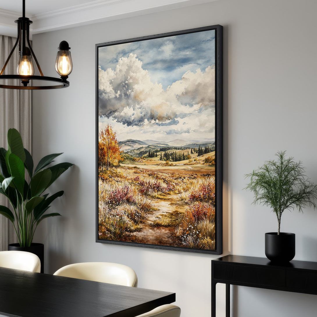 Framed Wall Art: Watercolor landscape Canvas Print with a serene meadow scene in warm earth tones and blue skies. Perfect for adding a touch of nature to your home.