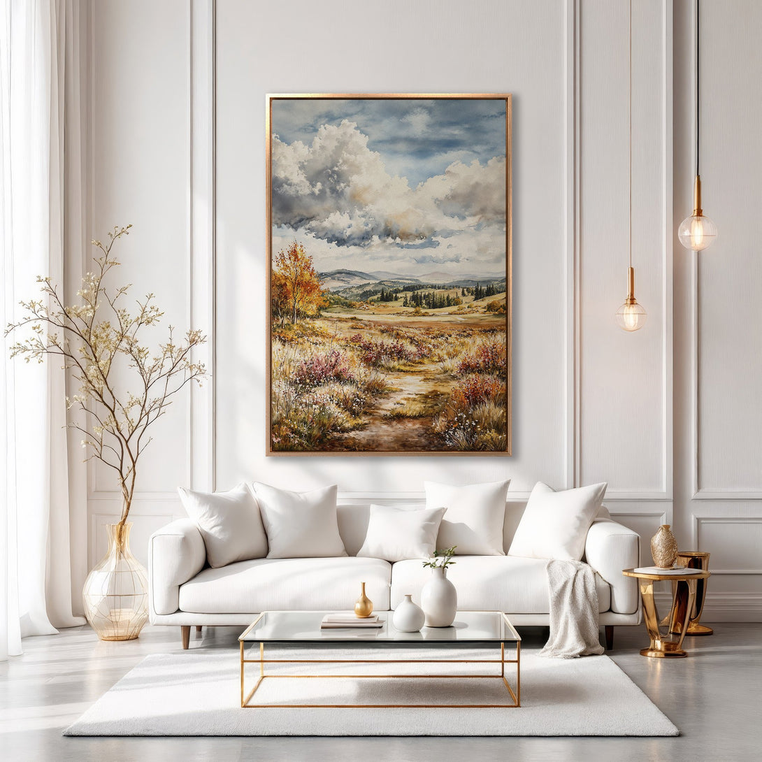 Framed Wall Art featuring a landscape painting in warm earth tones. Enhance your living room with this stunning canvas print, a perfect blend of art and decor.
