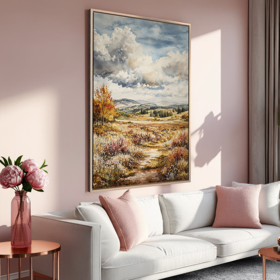 Framed Wall Art: Landscape painting in warm earth tones. Enhance your space with this serene canvas print, featuring a nature scene with a soft, inviting color palette.