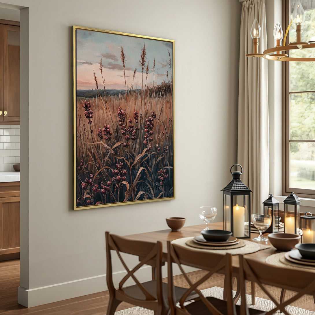 Canvas Print of a field landscape in warm, earthy tones. Rustic style wall art for a cozy interior.