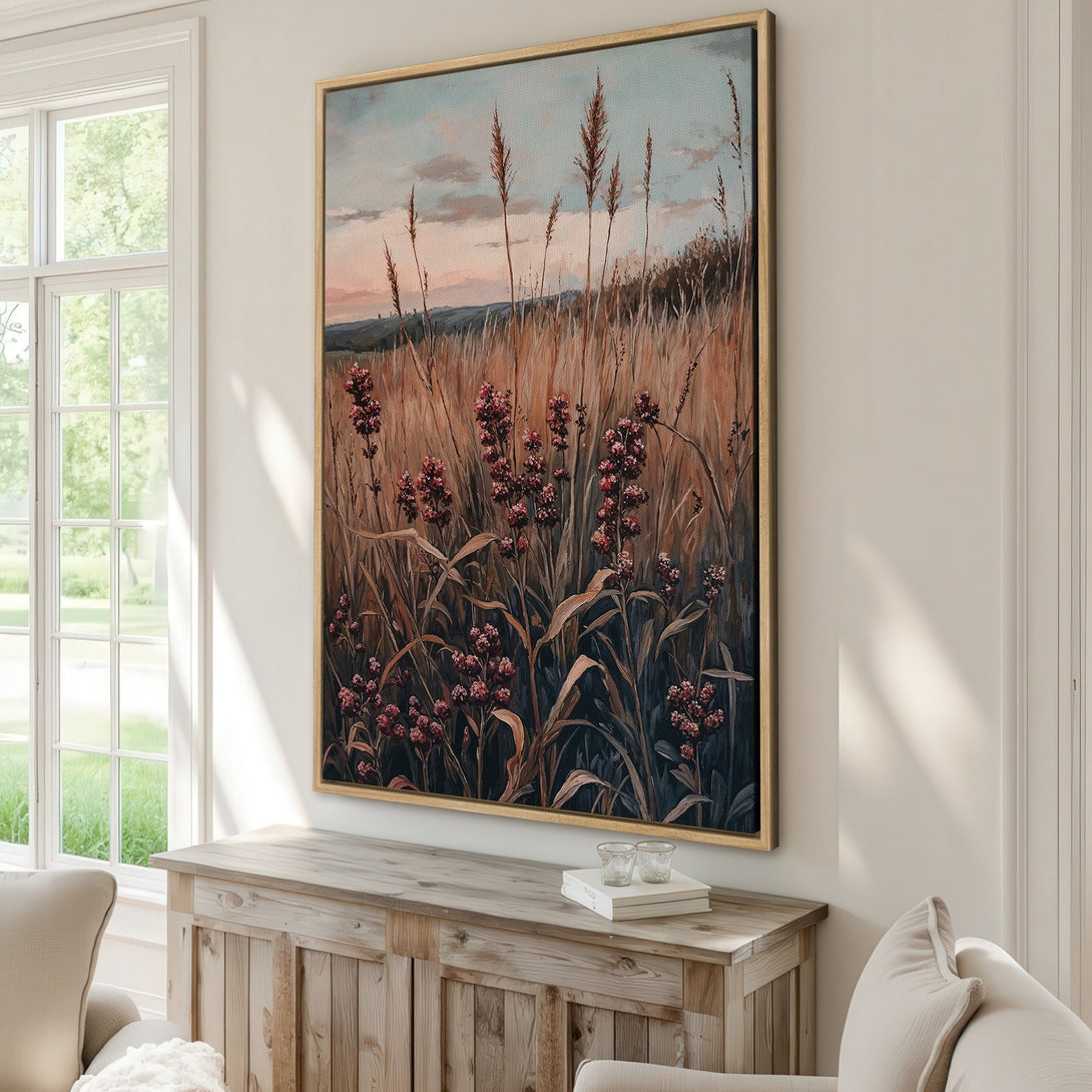 Framed Wall Art: Rustic field scene with warm earth tones. Canvas Print featuring a serene landscape painting in a cozy, inviting style. Perfect for home decor.