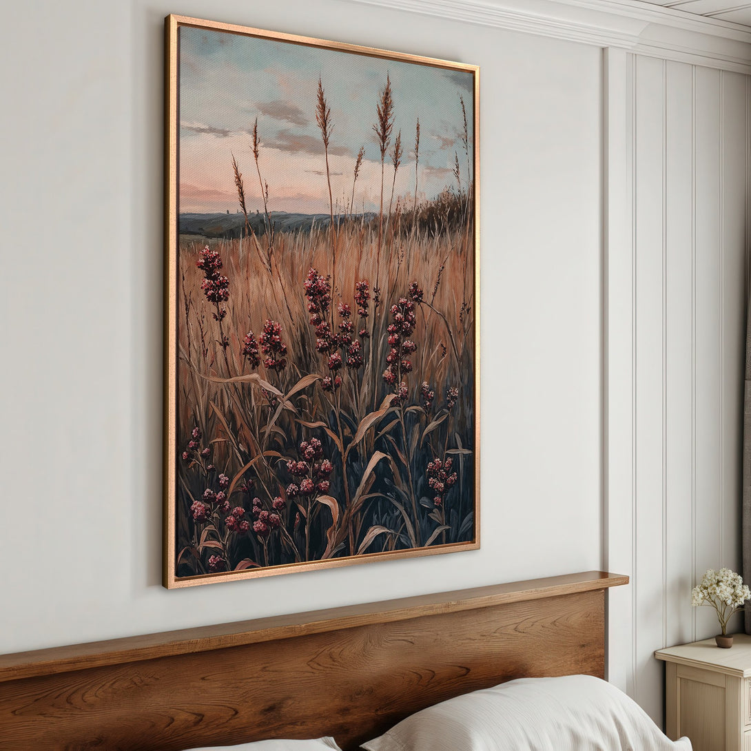 Framed Wall Art: Botanical landscape Canvas Print in warm, earthy tones. Perfect for adding a touch of nature-inspired elegance to your bedroom decor.