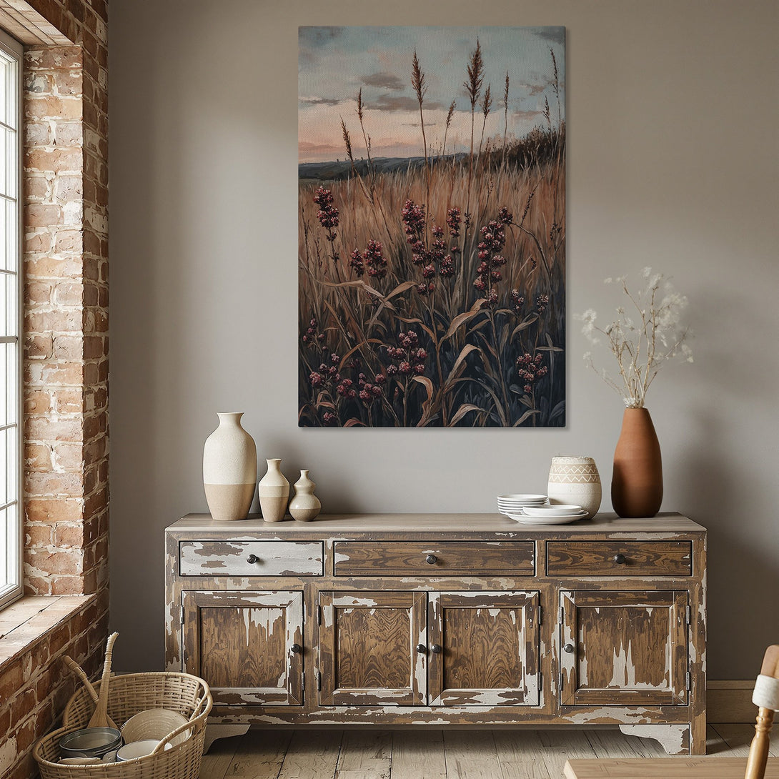 Framed Wall Art featuring a serene landscape painting in warm earth tones. Perfect for adding a touch of nature and elegance to any dining room.