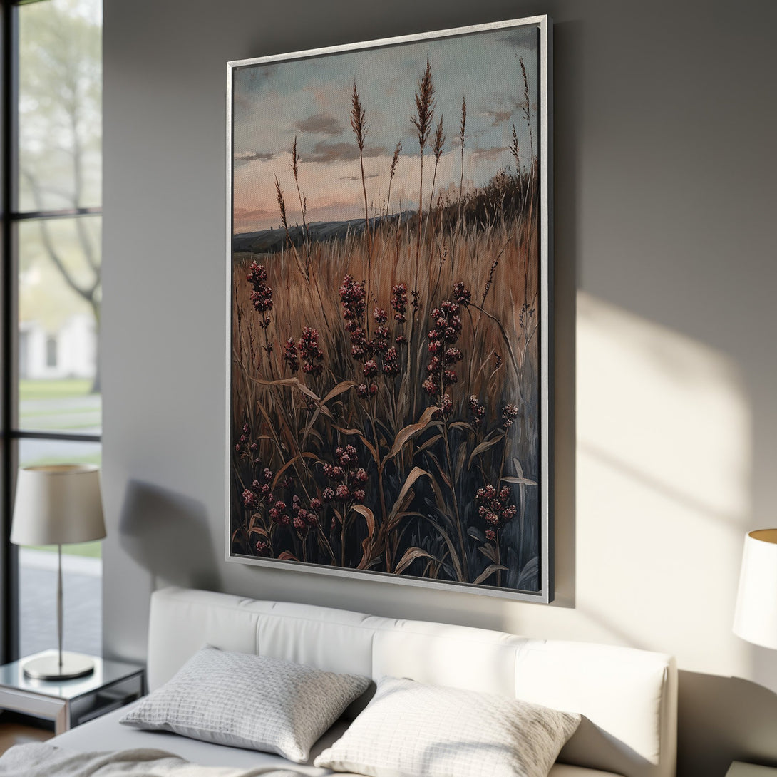 Framed Wall Art featuring a serene field landscape in warm, earthy tones. Enhance your space with this beautiful Canvas Print, perfect for a calming bedroom aesthetic.
