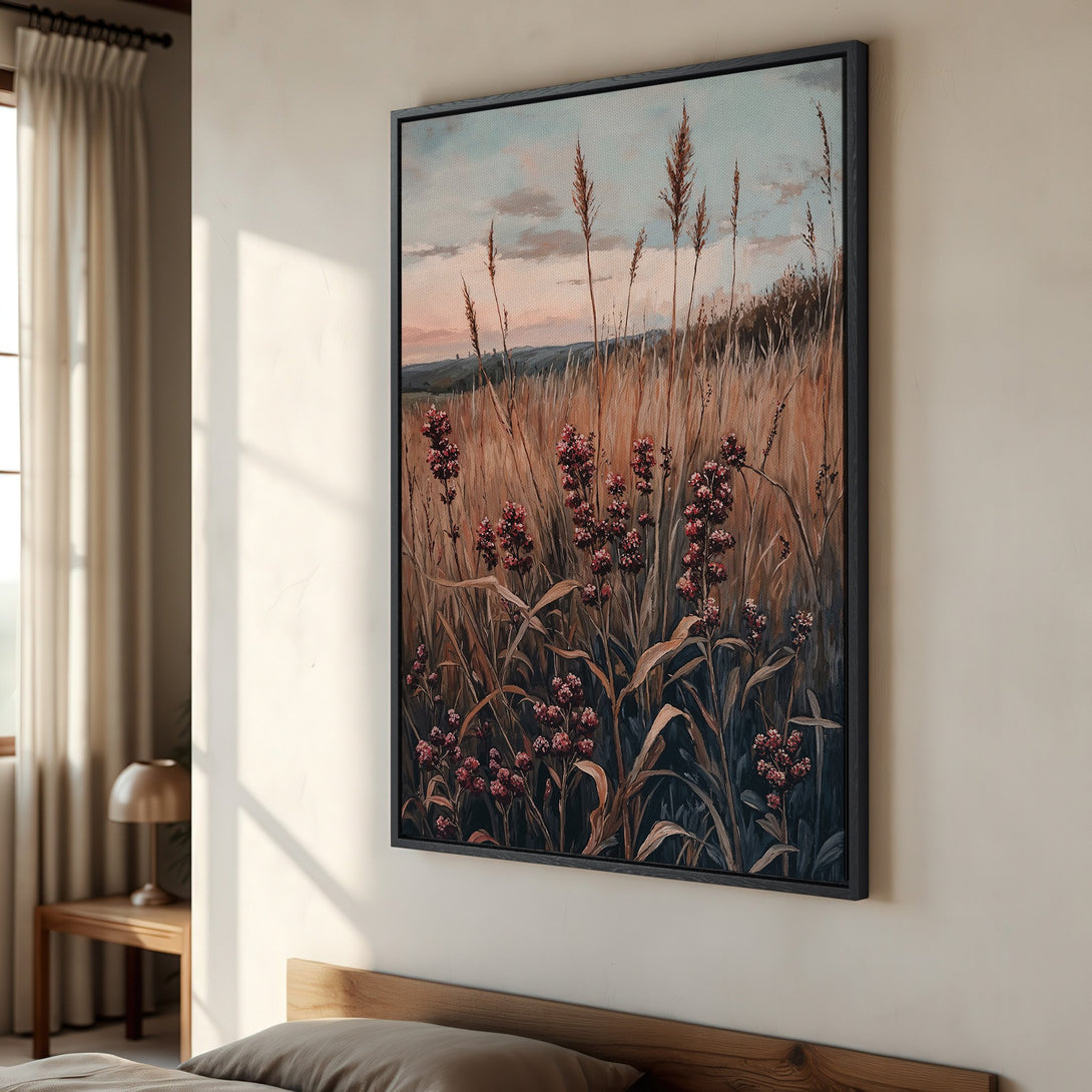 Framed Wall Art featuring a field of wildflowers in warm, earthy tones. Perfect for adding a touch of nature-inspired art to your home decor.