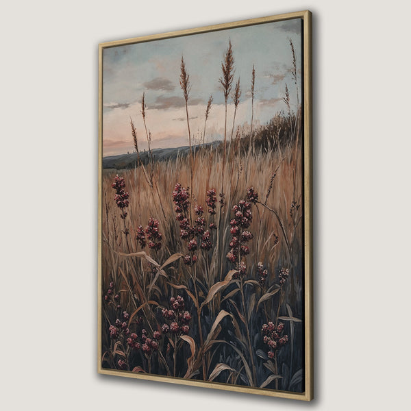 Framed Wall Art: Serene field scene in muted earth tones. Elegant canvas print featuring wildflowers and tall grasses, perfect for adding natural beauty to your space.