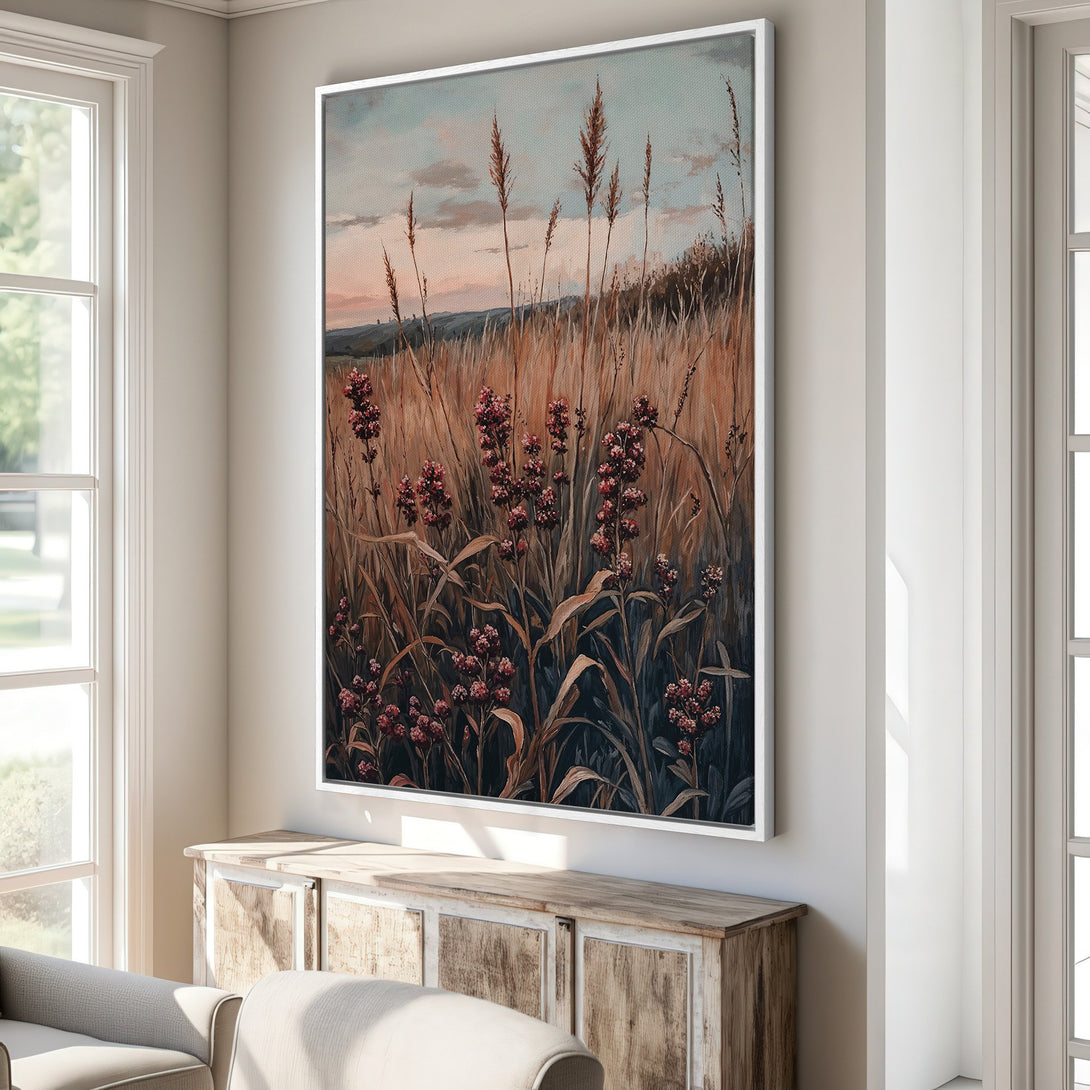 Framed Wall Art: Rustic landscape Canvas Print with warm earth tones and floral accents. Perfect for adding a touch of nature to your home decor.