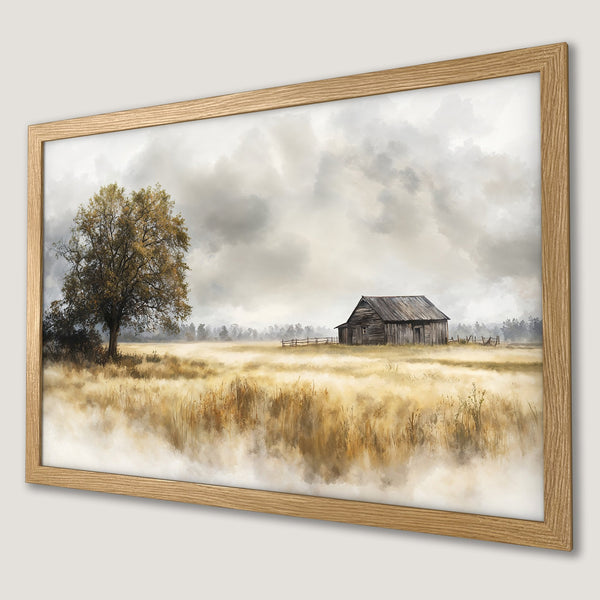 Framed Poster of a serene landscape with a barn and tree, painted in a soft, painterly style with a warm, earthy color palette.