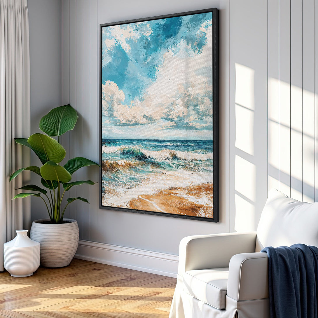 Framed Wall Art: Coastal painting in blue, beige, and brown tones. Perfect for beach house decor. Enhance your space with this stunning Canvas Print.