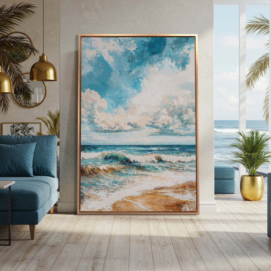 Framed Wall Art featuring a serene ocean scene. Coastal-style canvas print with a blue and white color palette, perfect for adding a calming touch to any space.