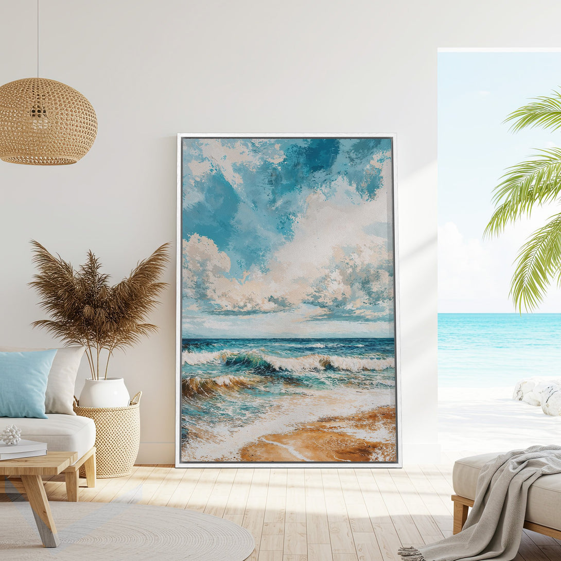 Framed Wall Art: Coastal scene Canvas Print with ocean waves in blue and beige. Perfect for adding a touch of serenity to your home decor.
