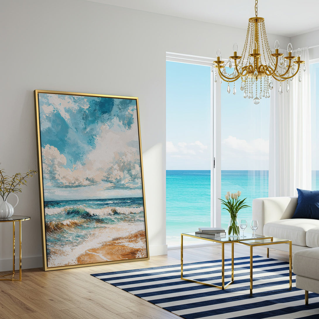 Coastal Canvas Print in a living room with a blue, teal, and beige palette. Abstract ocean art adds a touch of serenity to any space.