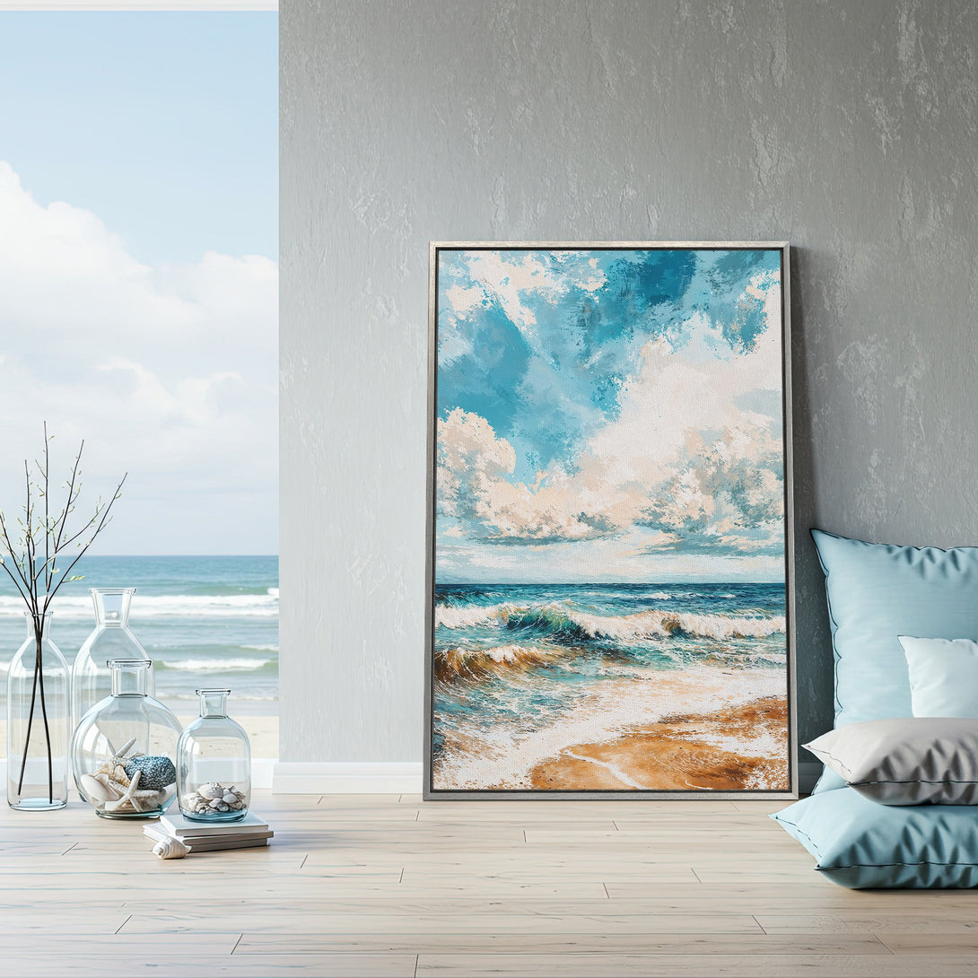 Framed Wall Art of a serene seascape, featuring a beach and ocean in a blue and beige palette. Perfect coastal decor for a calming space.