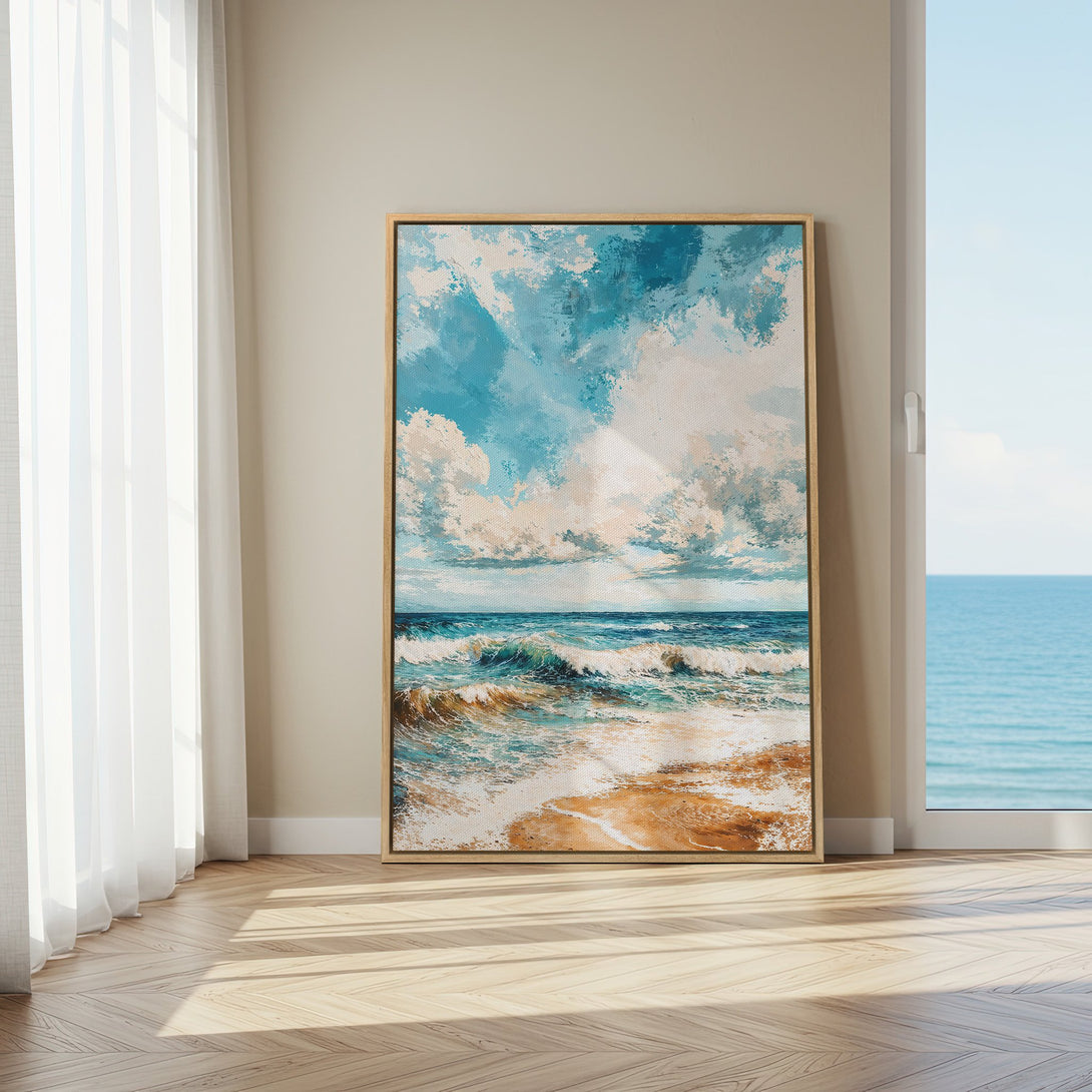 Framed Wall Art Canvas Print of an ocean scene with a blue and beige color palette. Coastal artwork perfect for any home.