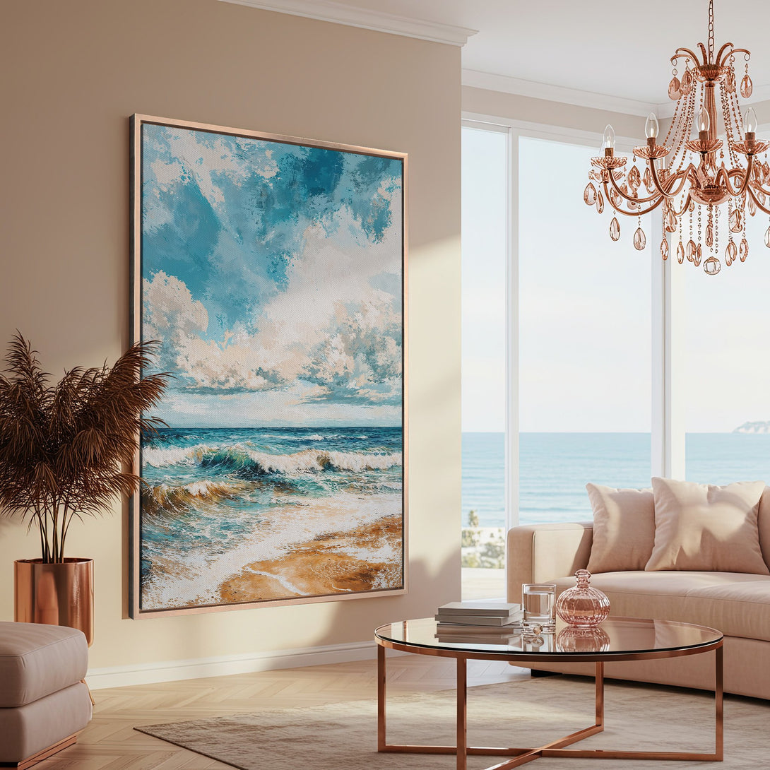 Framed Wall Art: Coastal landscape Canvas Print with blue, white, and gold color palette. Modern art for a serene living room.