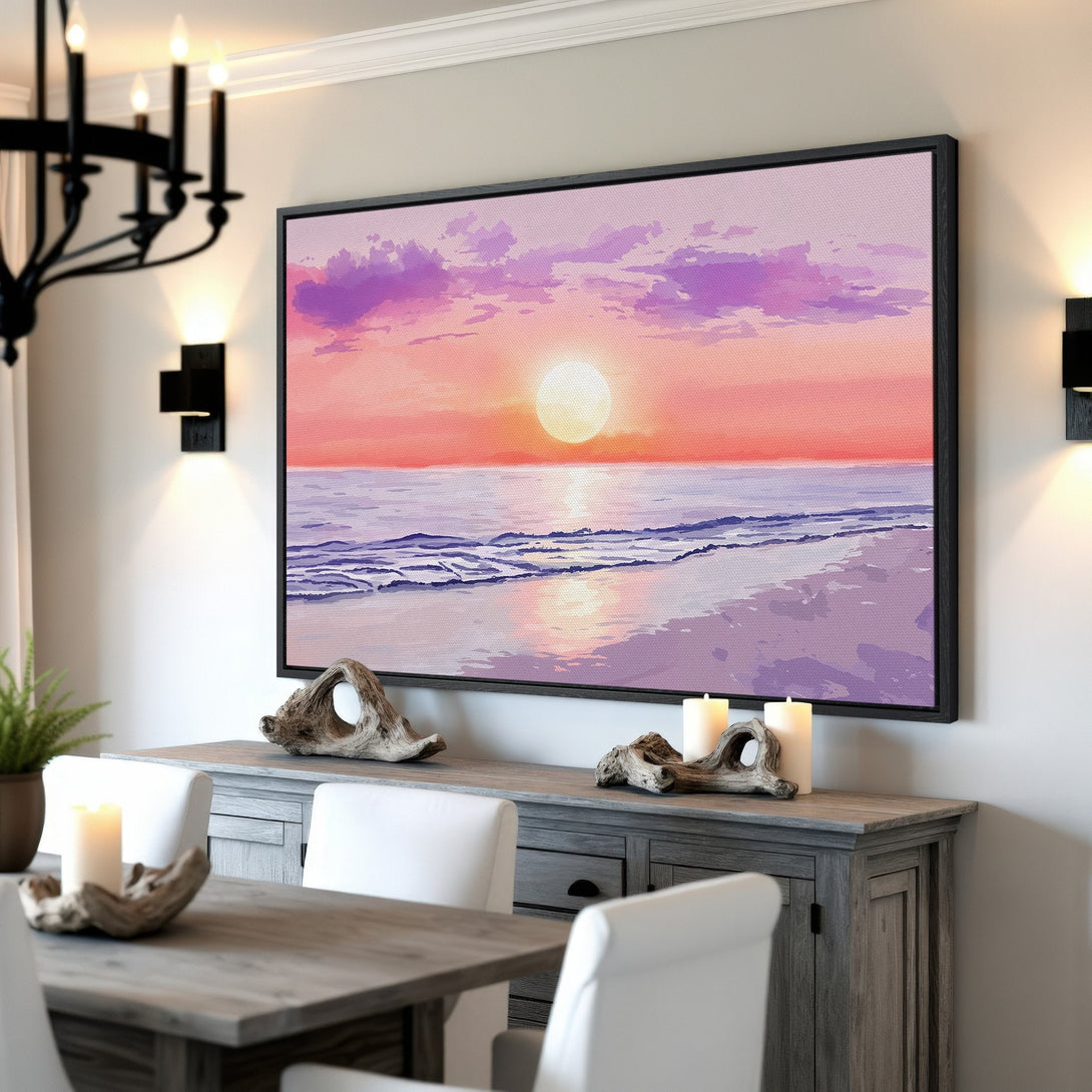Framed Wall Art: Sunset beach scene in watercolor style, featuring vibrant pink, purple, and orange hues. Perfect for adding a calming touch to any room.