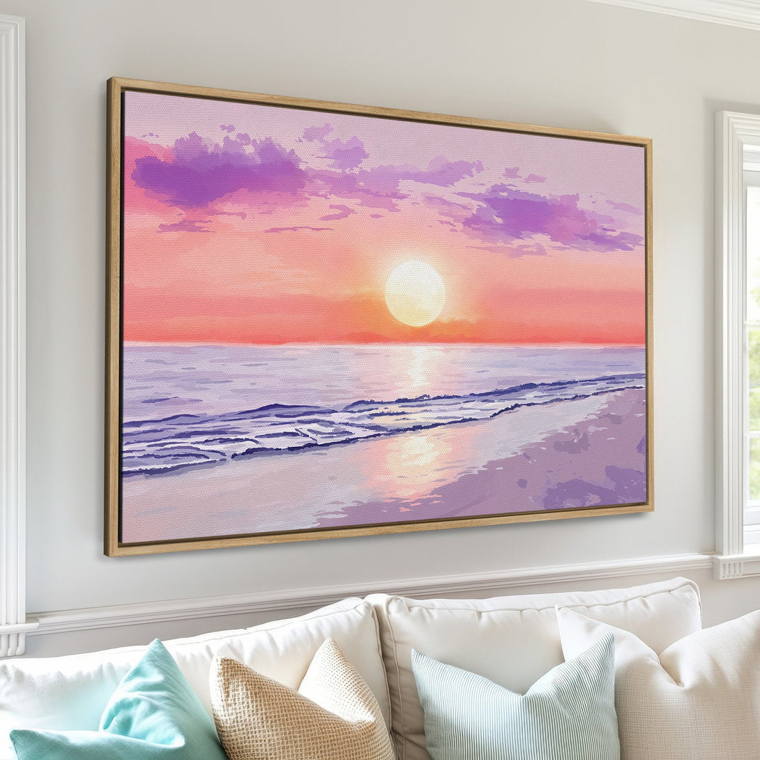 Framed Wall Art Canvas Print of a beach sunset in watercolor style, featuring a vibrant pink and purple color palette. Perfect for adding a touch of tranquility.