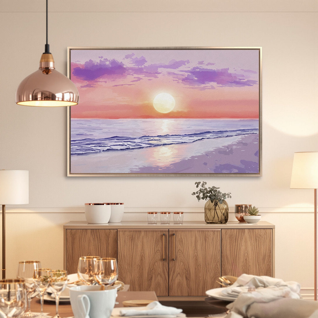 Framed Wall Art of a sunset beach scene in a modern interior. Featuring a vibrant pink, purple, and orange color palette. Perfect for coastal decor.