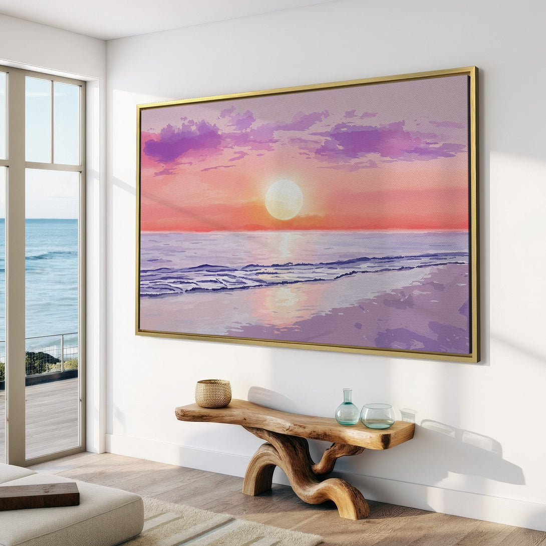 Canvas Print of a sunset over the ocean, showcasing a watercolor style with a warm, purple and orange color palette. Perfect for coastal decor.