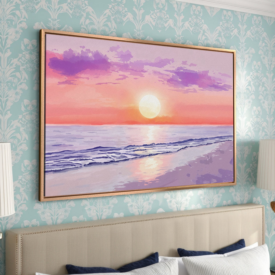Framed Wall Art: Sunset over the ocean in a vibrant, pastel color palette. Perfect for adding a touch of serenity to your bedroom decor.