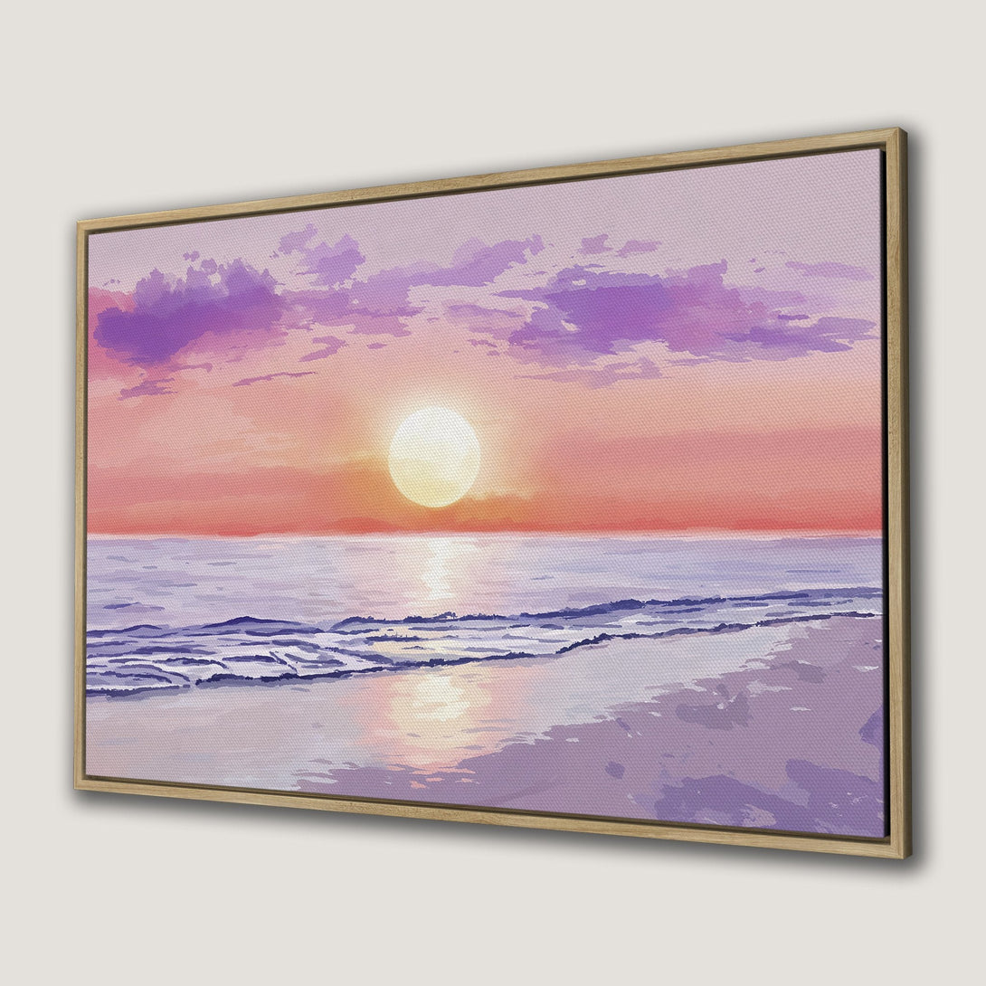 Framed Wall Art: Sunset over the ocean in watercolor style, featuring a warm pink and purple color palette. Perfect for adding a tranquil touch to your space.