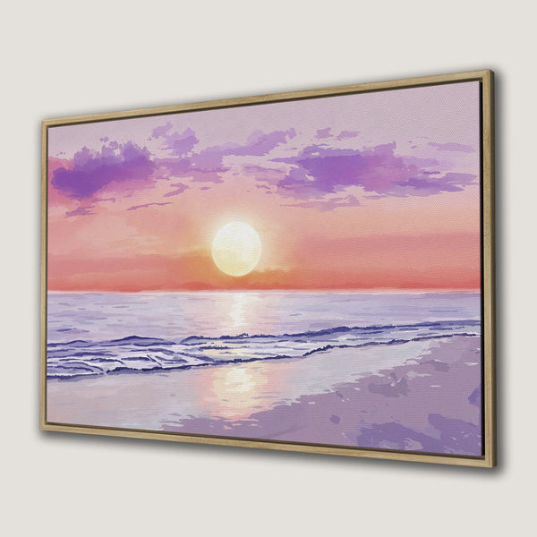 Framed Wall Art: Sunset over the ocean in watercolor style, featuring a warm pink and purple color palette. Perfect for adding a tranquil touch to your space.