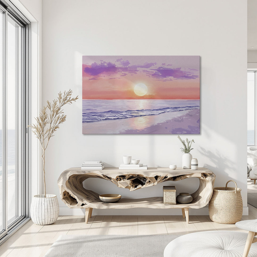 Framed Wall Art: Sunset over the ocean. Coastal art in a vibrant pink and purple palette. Add serenity to your space with this Canvas Print.