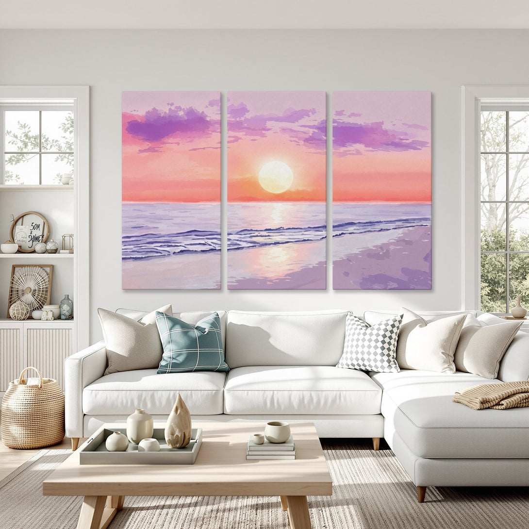 Canvas Print: Coastal sunset art in pink and purple hues. Modern, serene artwork for your living room or bedroom. Shop now!
