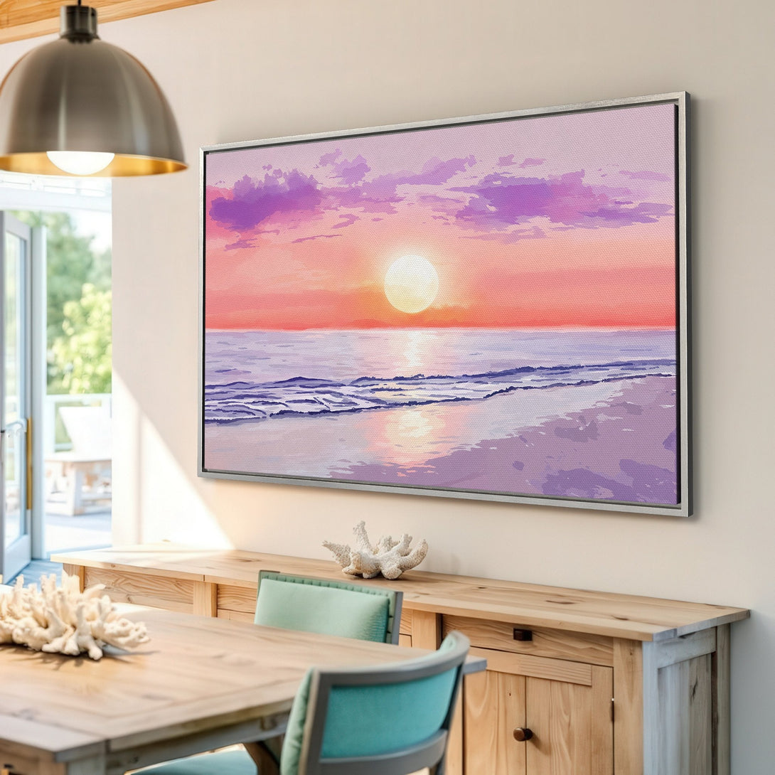 Framed Wall Art: Stunning sunset beach scene in a modern style with a vibrant pink, purple, and orange color palette. Perfect coastal decor!
