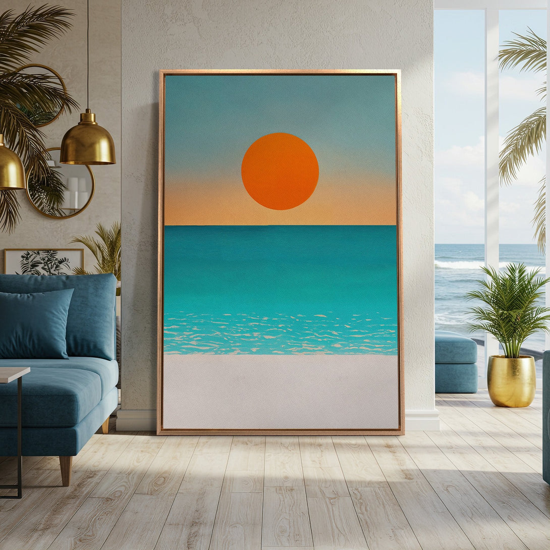 Framed Wall Art: Coastal sunset scene in teal, orange, and white. Modern, minimalist style Canvas Print adds a calming touch to any interior. Shop now!