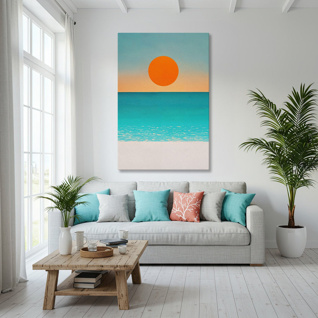 Framed Wall Art featuring a beach sunset in a modern coastal living room. Teal, orange, and gold color palette. Elevate your space!